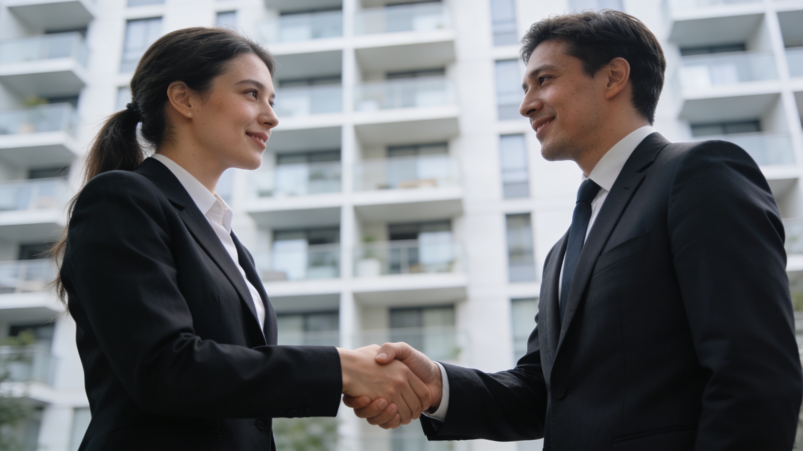 Deux agents immobiliers serrent la main devant immeuble
