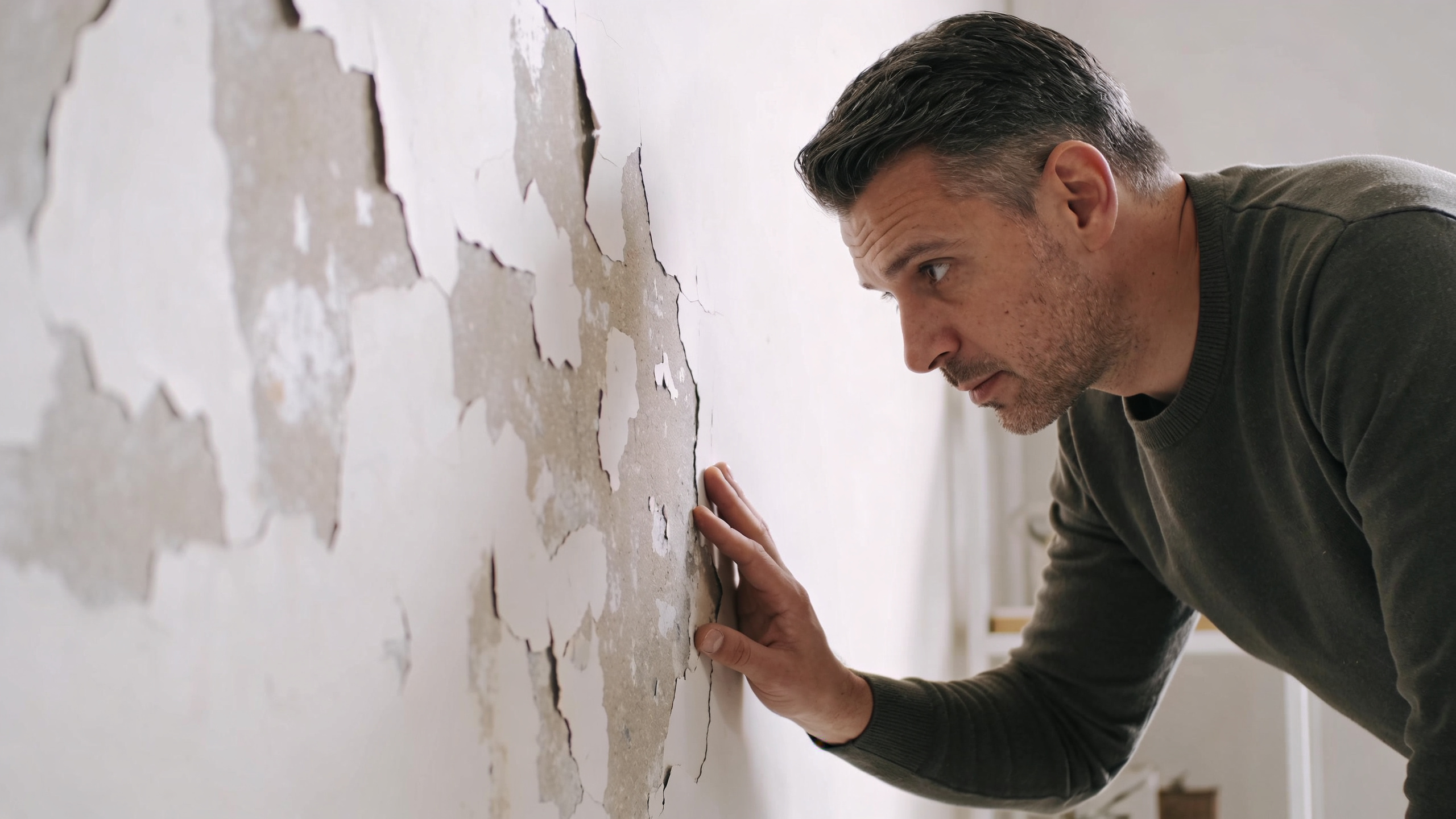 Appartement use, peinture ecaillée, proprietaire inspectant les murs