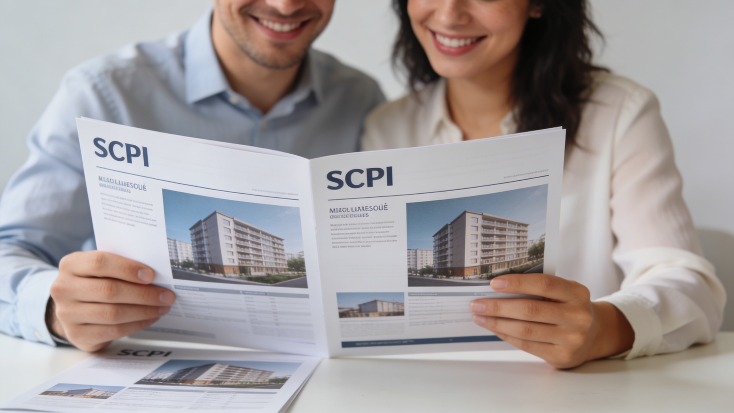 couple souriant examine des brochures scpi sur table
