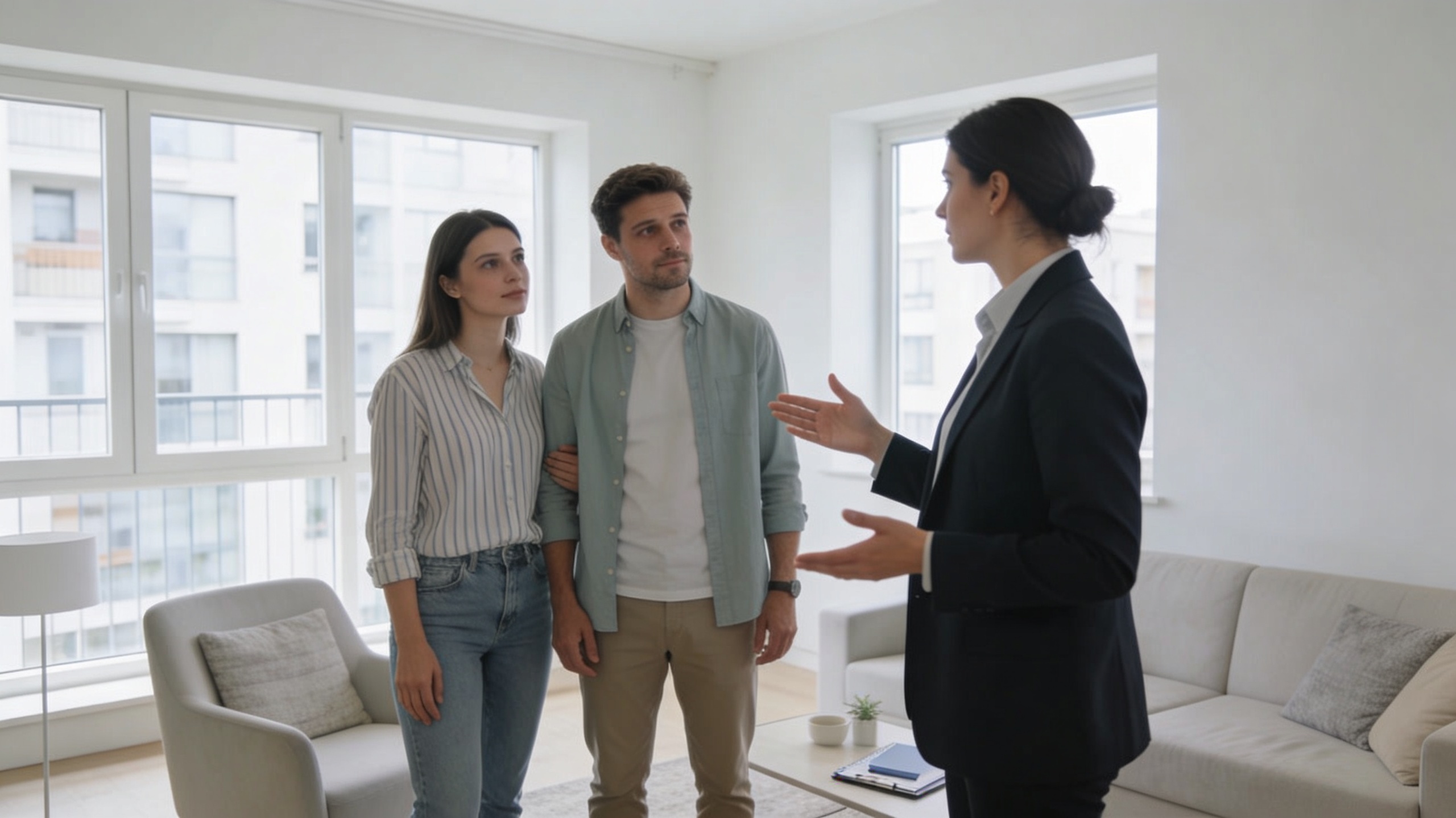 couple visite un appartement lumineux avec agent immobilier