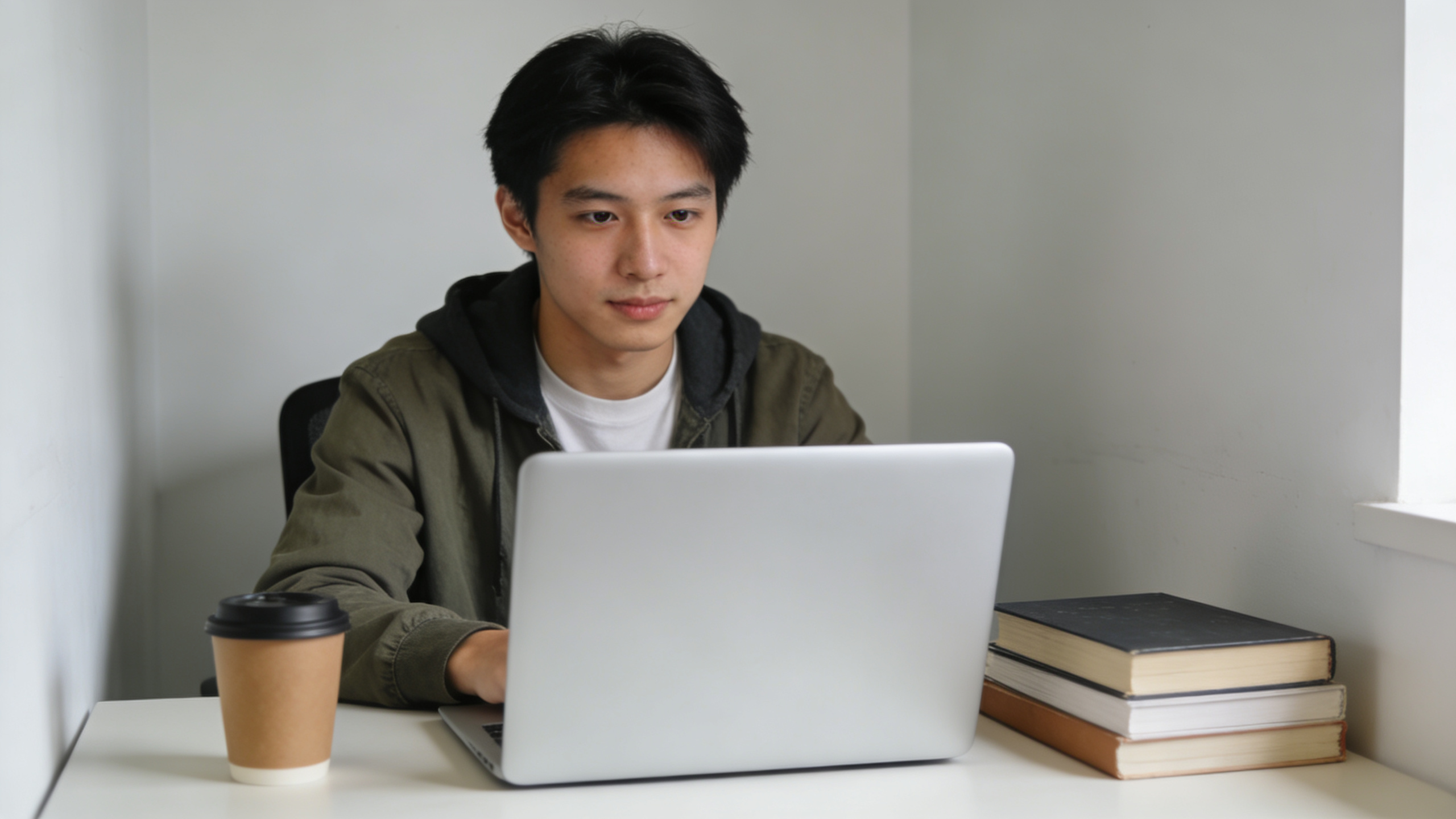 Etudiant assis bureau petit studio residence universitaire