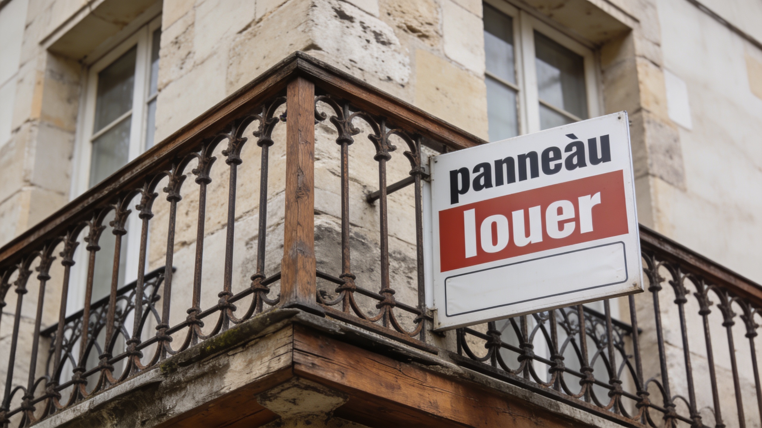 Facade dimmeuble ancien avec balcon et panneau louer