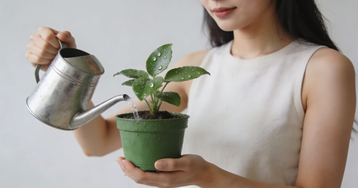 Femme arrosant une petite plante verte en pot
