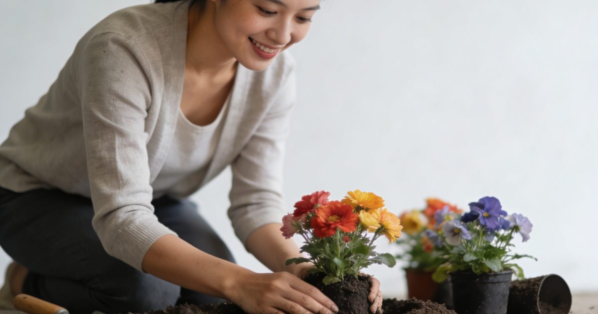femme souriante agenouillee plantant des fleurs colorées