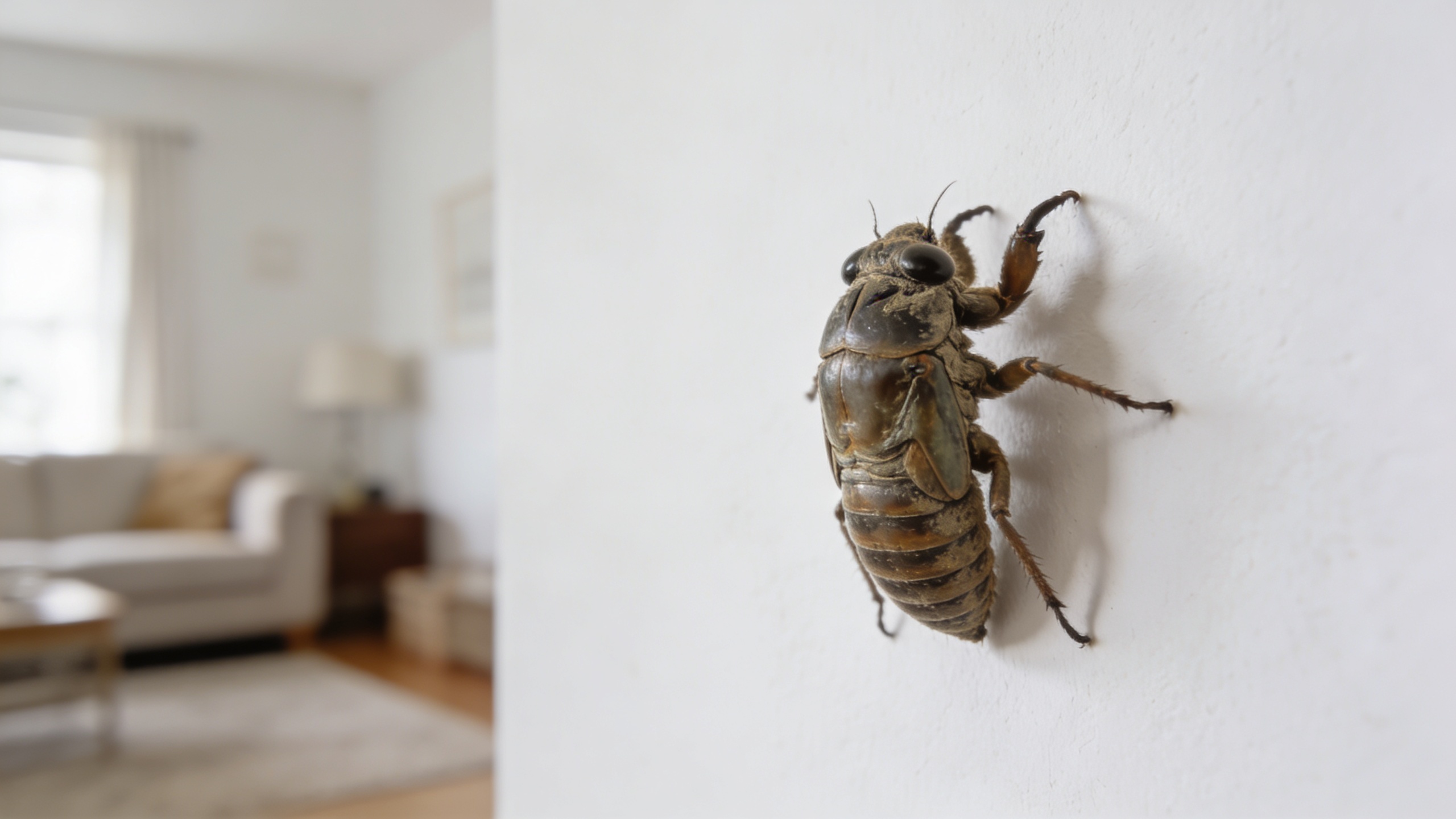 Gros insecte rampant sur mur blanc dun salon
