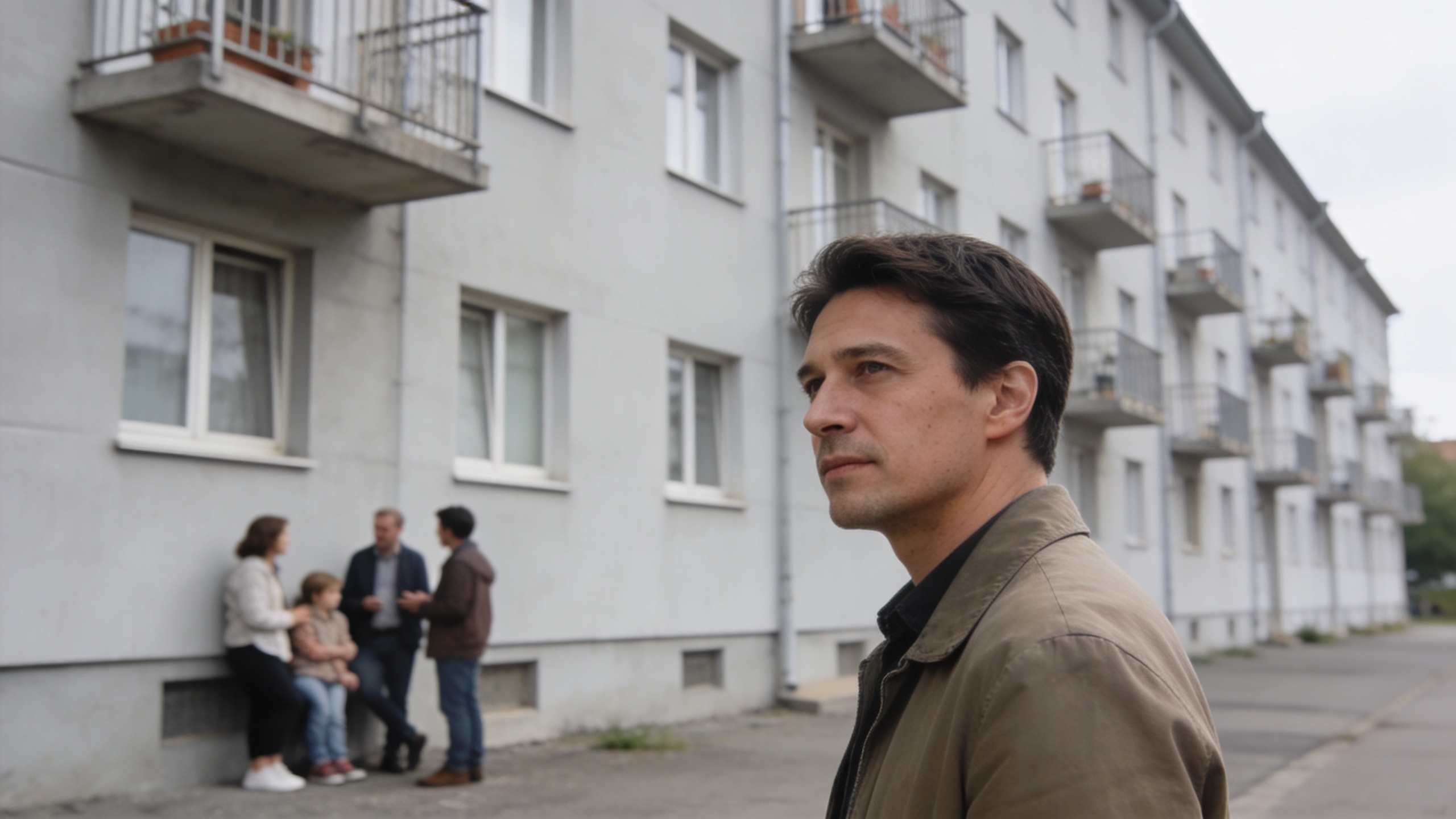 Immeubles sobres avec balcons, familles discutant en bas