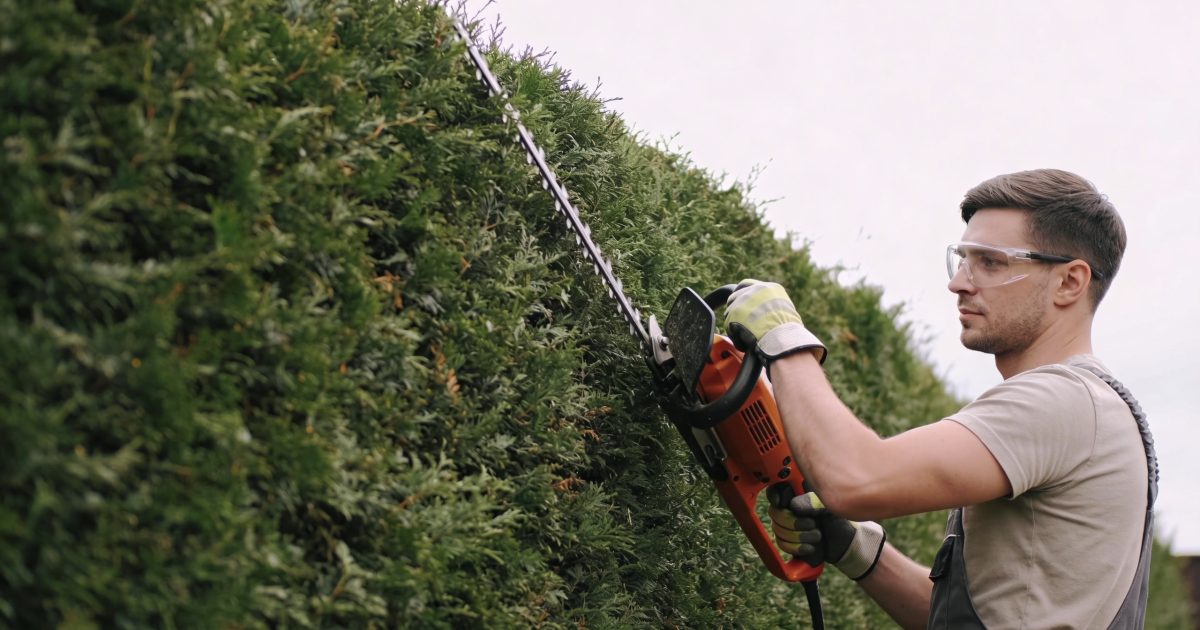 Jardinier coupe une grande haie verte au taille haie
