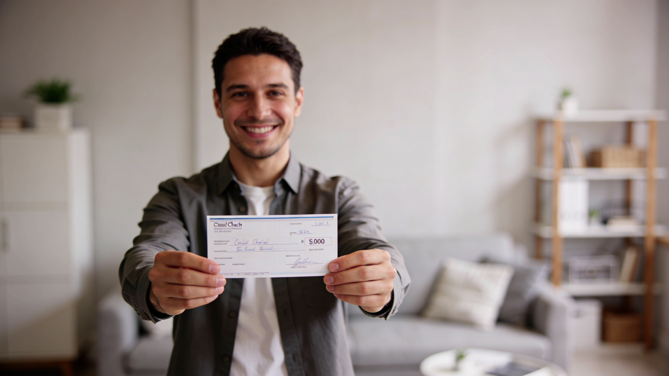 locataire souriant recoit cheque de remboursement de caution