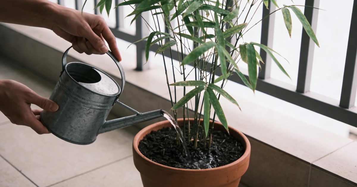 mains arrosant un bambou en pot sur balcon