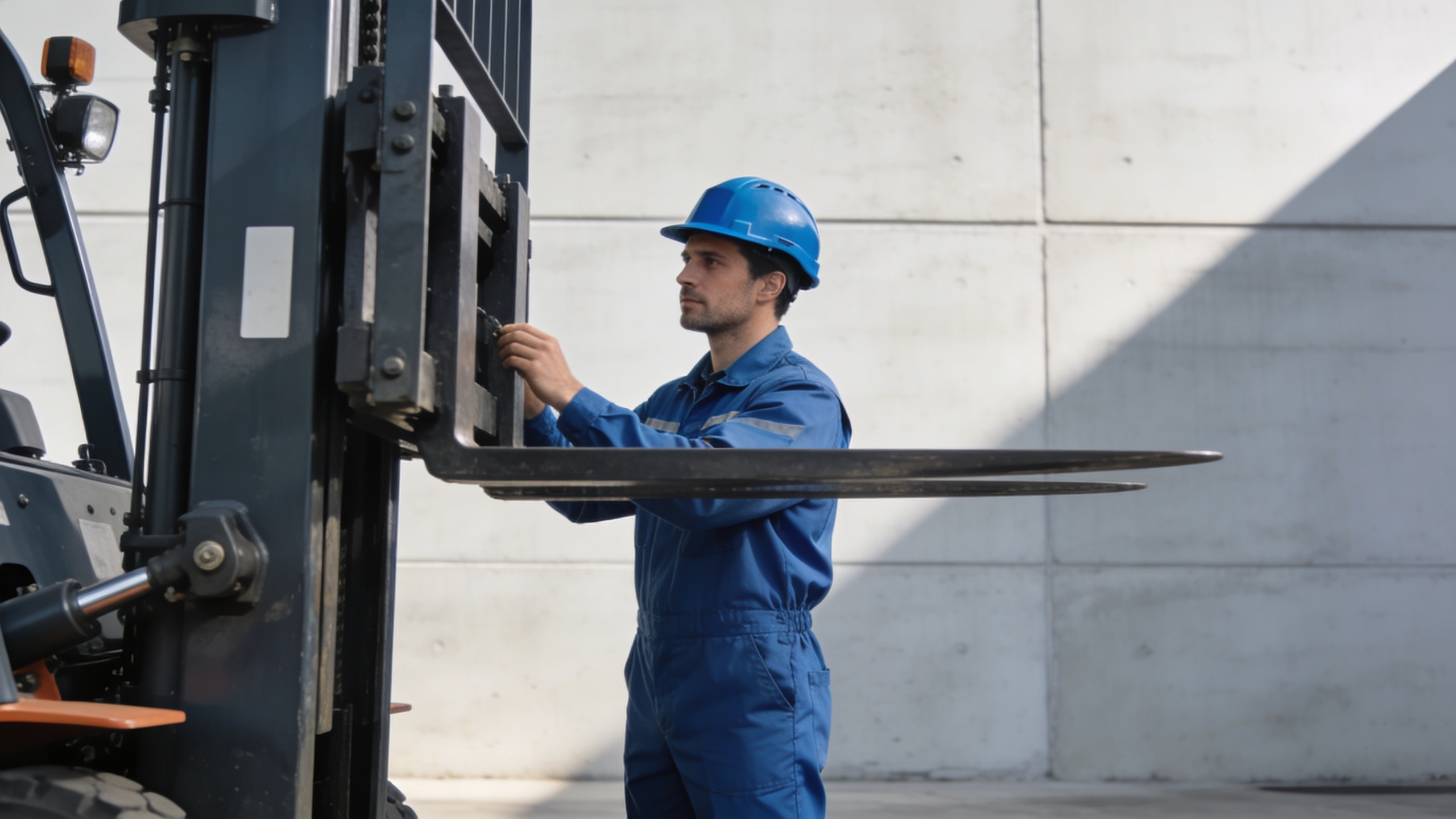 Ouvrier verifie monte charge industriel devant entrepot moderne