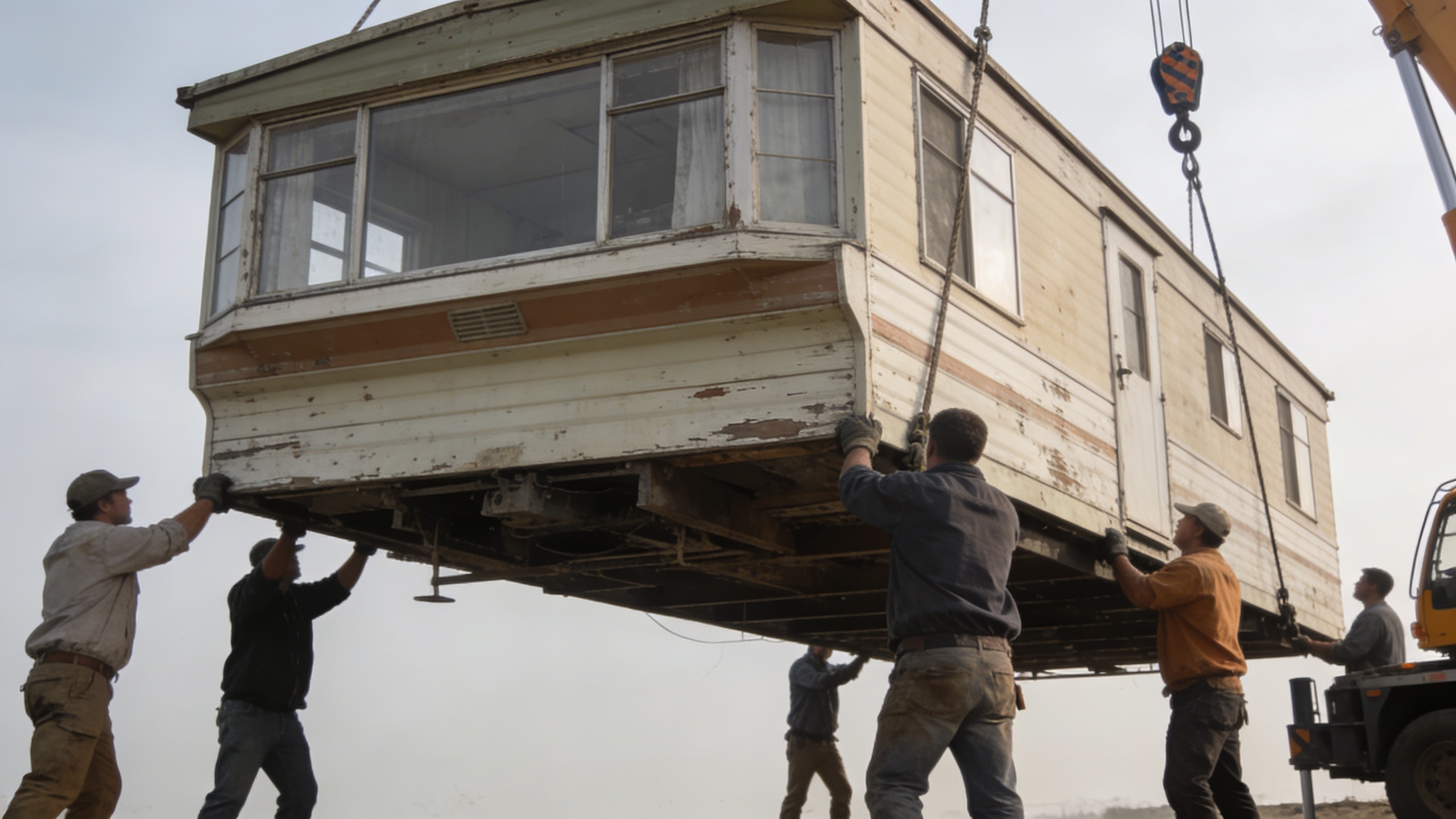 Ouvriers soulevant un vieux mobil home use