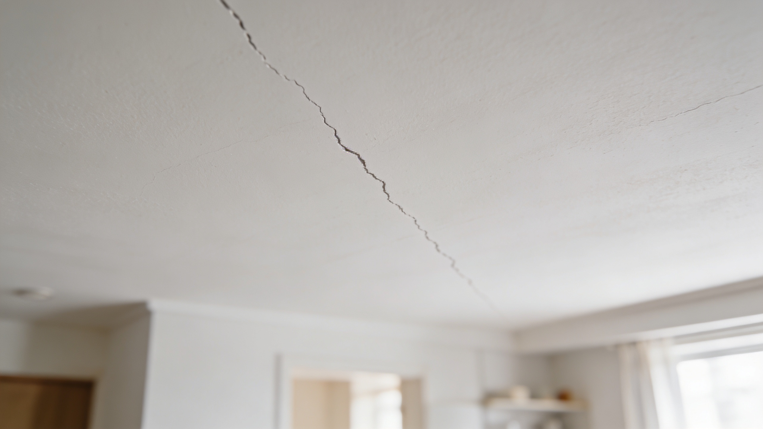 plafond blanc appartement avec longues fissures visibles