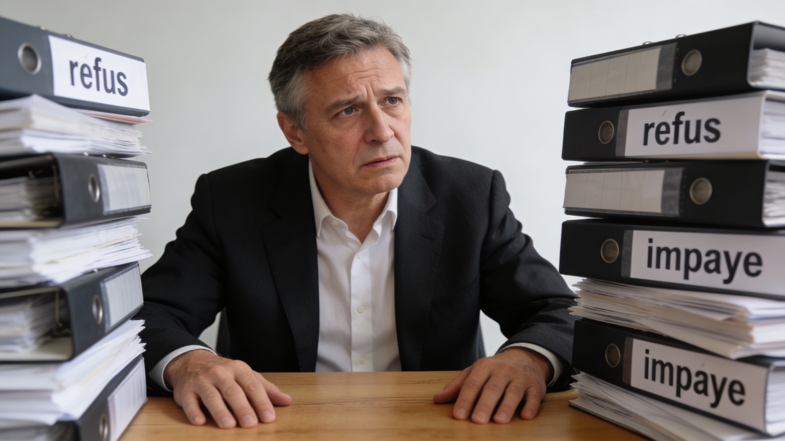 proprietaire assis devant bureau dossiers refuses et avis impaye
