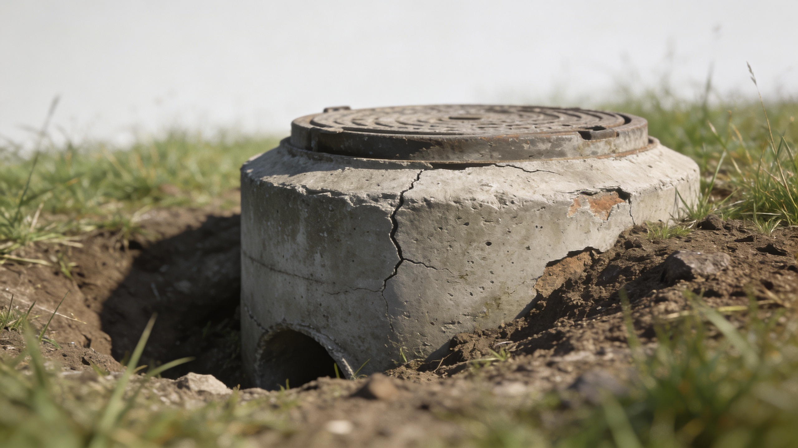 Vieille fosse septique en beton partiellement enterree