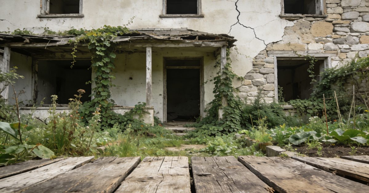 Vieille maison vide en ruine devant jardin envahi