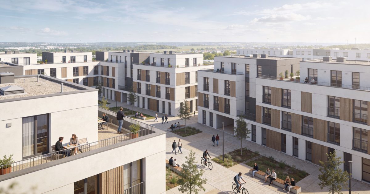 Vue aerienne de Cergy avec immeubles et habitants