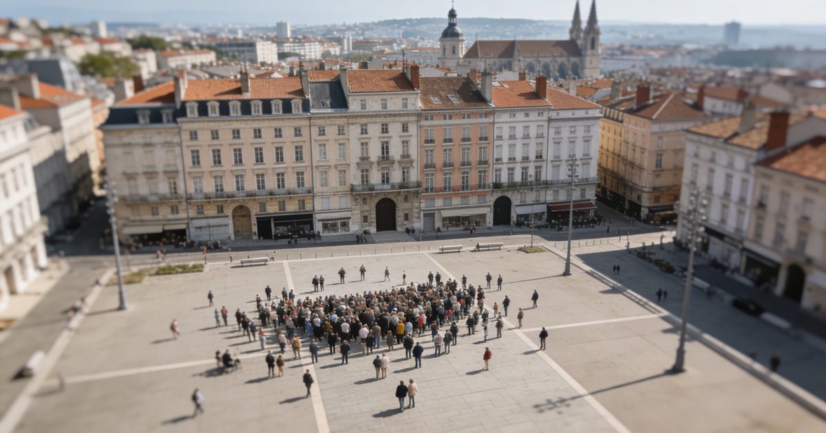 Vue aerienne de Lyon avec foule sur une place