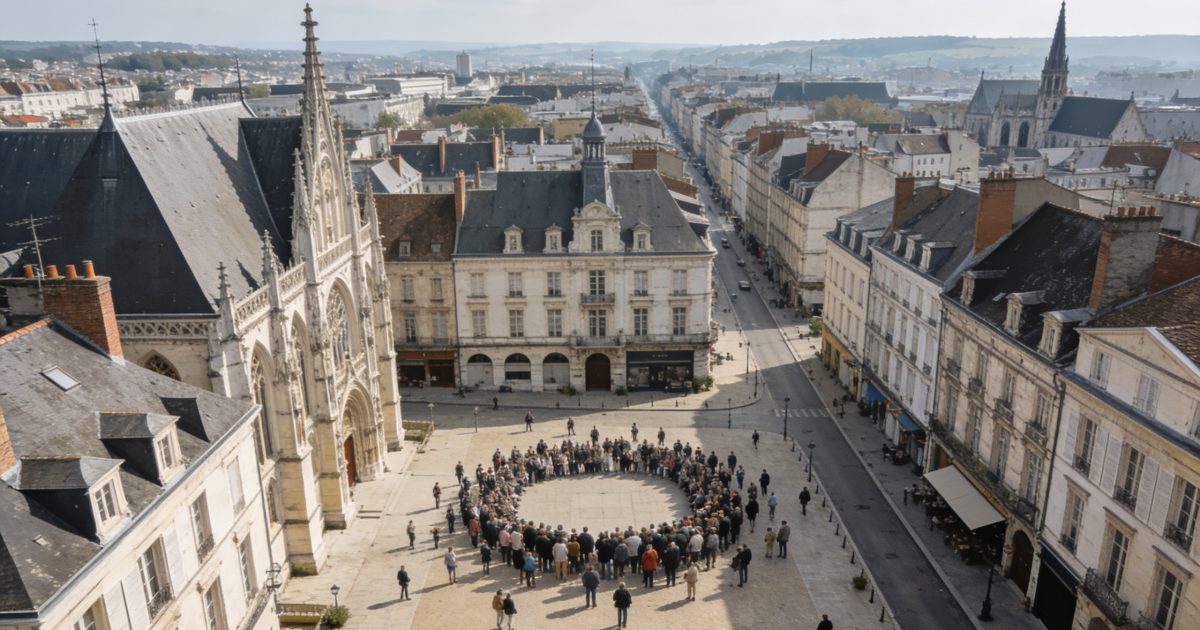 Vue aerienne de Rouen avec foule sur une place