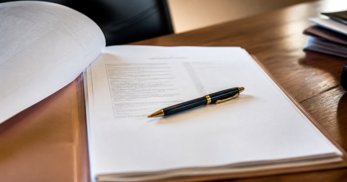 Document notarial ouvert montrant frais calcules avec stylo posé dessus