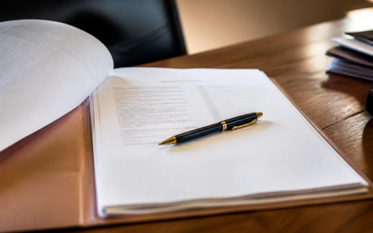 Document notarial ouvert montrant frais calcules avec stylo posé dessus