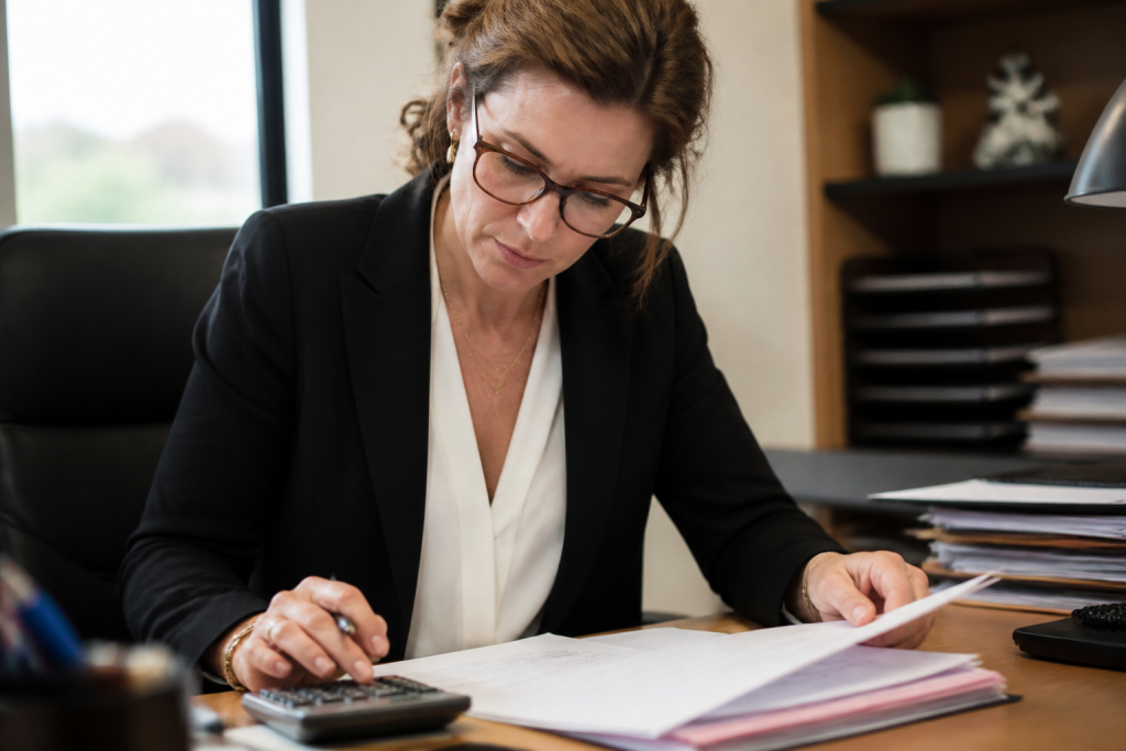 Notaire calcule montant frais transaction sur document papier