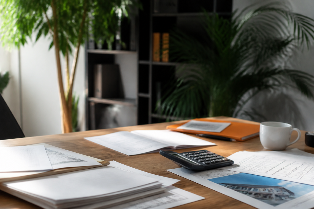 Documents immobiliers et calculatrice sur bureau professionnel
